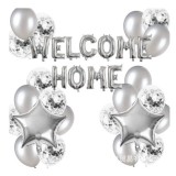 Set baloane folie si latex, Flippy, WELCOME HOME, 22 de piese, 20 baloane latex, 2 baloane stea Folie, 1 set Welcome Home, Argintiu