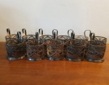 11 SUPORTURI PENTRU PAHARE DE CEAI DIN METAL ARGINTAT FILIGRANAT-RUSIA SOVIETICA ANII 60