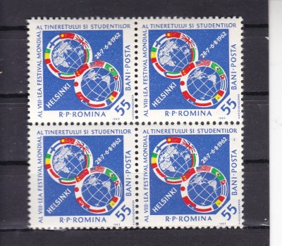 ROMANIA 1962 LP 542 AL VIII-LEA FESTIVAL MONDIAL HELSINKI BLOC DE 4 TIMBRE MNH foto