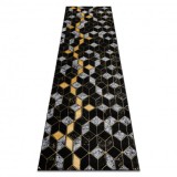 Modern GLOSS covor, traversa 400B 86 stilat, glamour, art deco, 3D geometric negru / aur, 80x200 cm, Dreptunghi, Polipropilena