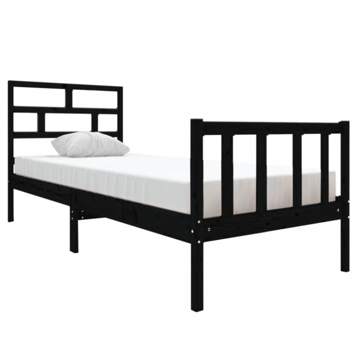 Cadru de pat mic single, negru, 75x190 cm, lemn masiv de pin