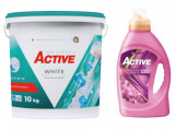 Detergent pudra pentru rufe albe Active, galeata 10kg, 130 spalari + Balsam de rufe Active Happy Day, 1.5 litri, 60 spalari