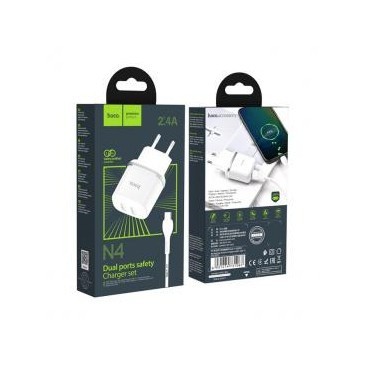 INCARCATOR RETEA, ADAPTOR PRIZA HOCO N4, 12W 2.4A, 2XUSB CU CABLU DE DATE MICRIUSB, ALB, BLISTER foto