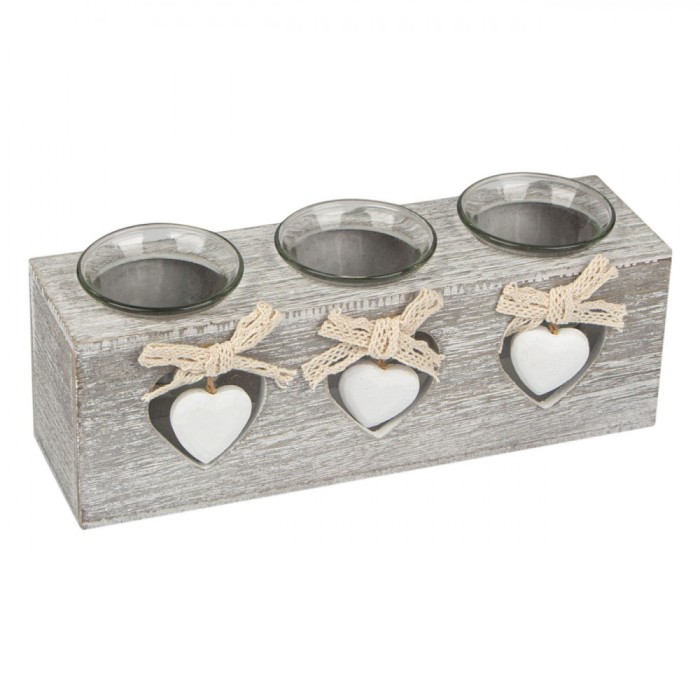 Suport lumanari din lemn, cu 3 pahare pentru lumanari, Gri, 25x8x8 cm