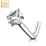 Piercing curbat, pentru nas, din aur alb de 14K - zircon pătrat, transparent, 0,8 mm