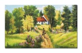 Cumpara ieftin Tablou peisaj din natura cu casa taraneasca pictat manual, Amintiri de la bunici, 100x60cm ulei pe panza Constantin Feraru