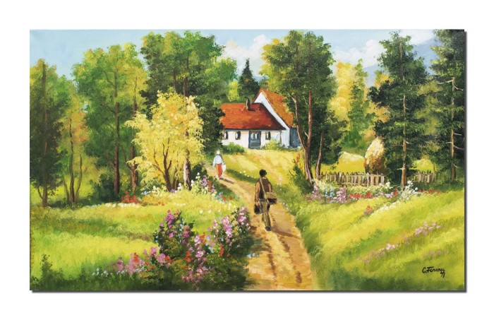 Tablou peisaj din natura cu casa taraneasca pictat manual, Amintiri de la bunici, 100x60cm ulei pe panza Constantin Feraru