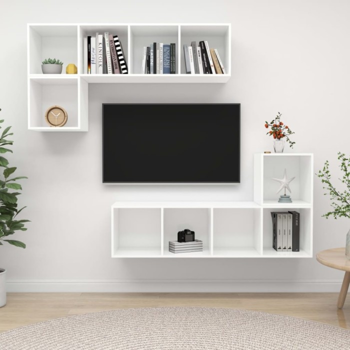 Set de dulapuri TV, 4 piese, alb, lemn prelucrat