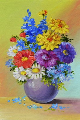 Tablou canvas Flori, margarete, multicolor, pictura, buchet, 60 x 40 cm foto