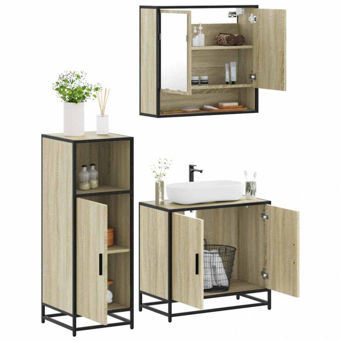 Gossi set mobilier de baie, 3 piese, stejar sonoma, lemn prelucrat
