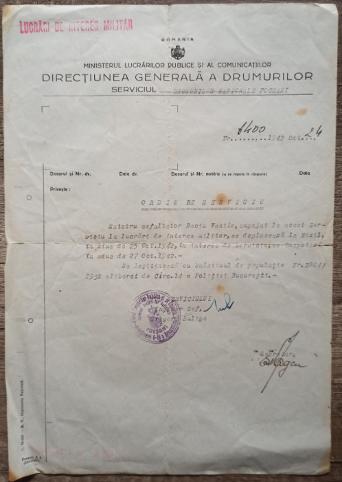 Ordin de Serviciu, Directiunea Generala a Drumurilor Nationale Focsani 1942