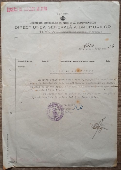 Ordin de Serviciu, Directiunea Generala a Drumurilor Nationale Focsani 1942