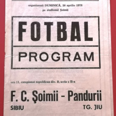Program meci fotbal FC "SOIMII" SIBIU - PANDURII TARGU-JIU(30.04.1978)