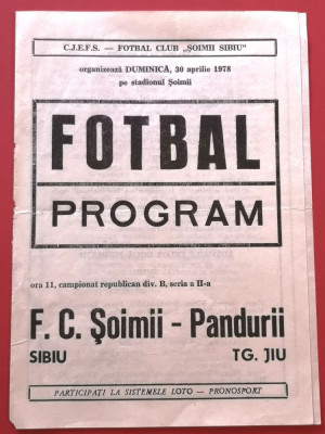 Program meci fotbal FC &amp;quot;SOIMII&amp;quot; SIBIU - PANDURII TARGU-JIU(30.04.1978) foto