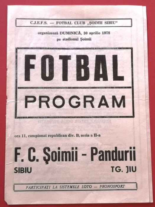 Program meci fotbal FC &quot;SOIMII&quot; SIBIU - PANDURII TARGU-JIU(30.04.1978)