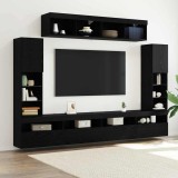 Set de 8 unități TV de perete cu LED din stejar negru și lemn prelucrat