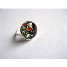 Inel sticla reglabil cu motiv floral pe fundal negru, inel reglabil 28235