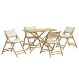 Set de bistro pliabil, 5 piese, cu perne alb crem, bambus