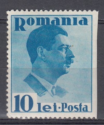 ROMANIA 1935 LP 112 REGELE CAROL II UZUALE 10 LEI ALBASTRU EROARE NEDANTELAT VERTICAL LATURA DREAPTA STARE MNH foto