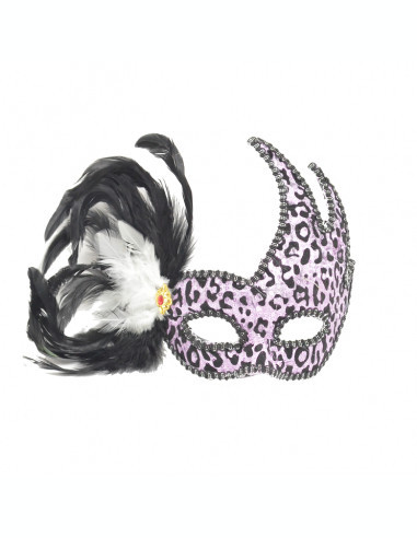 Masca carnaval venetian cu pene si imprimeu leopard, mov | Okazii.ro