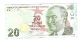 Bancnota Turcia 20 lire 2018, seria D, stare buna