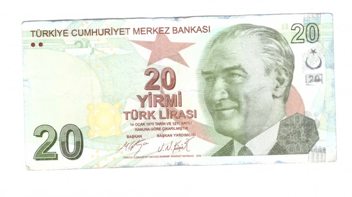 Bancnota Turcia 20 lire 2018, seria D, stare buna