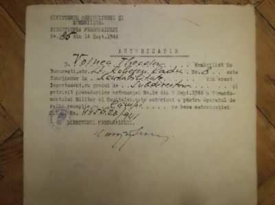 Autorizatie de detinere aparat radio, 14 sept. 1944, Bucuresti, razboi mondial foto