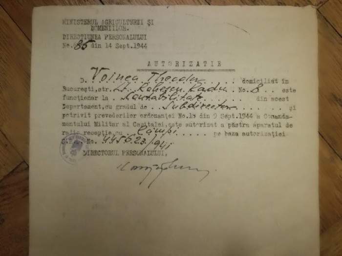 Autorizatie de detinere aparat radio, 14 sept. 1944, Bucuresti, razboi mondial