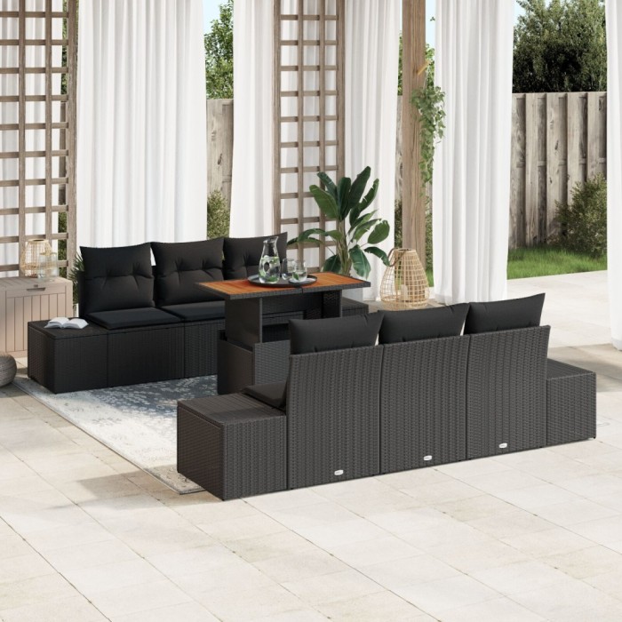 Gossi set de dining pentru gradina , 7 piese, cu perne, ratan polipropilena negru si acacia
