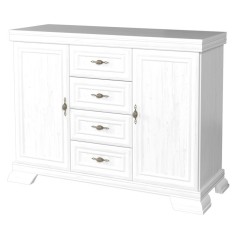 Comoda living VM3, 2 usi, 4 sertare, Alb Antichizat, 128 x 46 x 97 cm