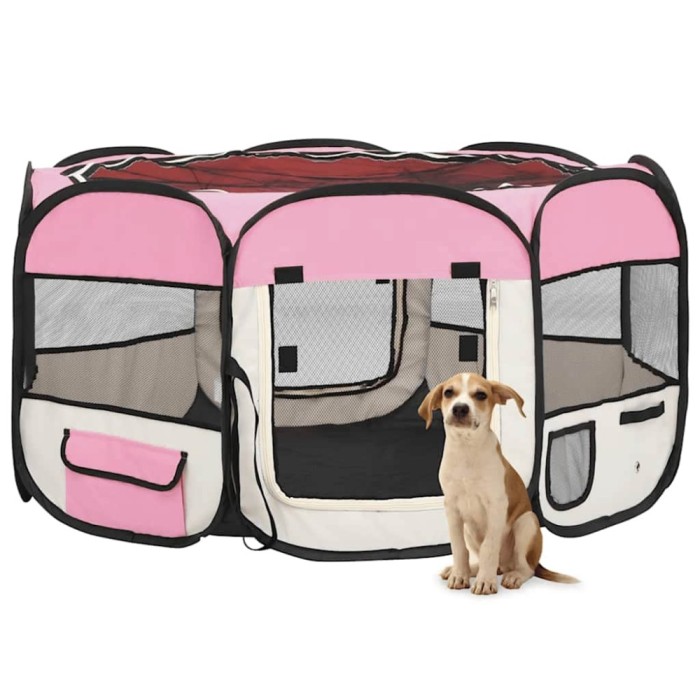 Țarc joacă pliabil c&acirc;ini cu sac de transport roz 125x125x61 cm