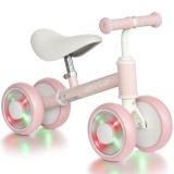 AIYAPLAY Bicicletă fără pedale pentru bebeluși 1-2 ani, 4 roți luminoase, șezut reglabil, direcție limitată, anvelope EVA silențioase, 52x22x37cm, roz