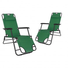 Set 2 Scaune tip sezlong, pliabile cu tetiera detasabila, dimensiune 60x153 cm, culoare verde