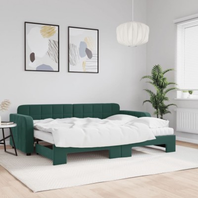 vidaXL Pat de zi cu extensie și saltele verde &amp;icirc;nchis 80x200 cm catifea 3196948 foto