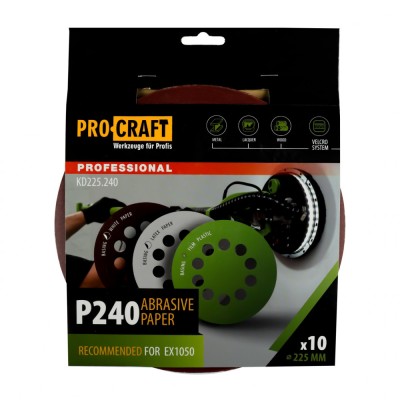 Disc abraziv pentru slefuitor cu excentric KD225.240 PROCRAFT (Set 10 buc) Diametru: 225 mm Granulatie: P240 Innovative ReliableTools foto