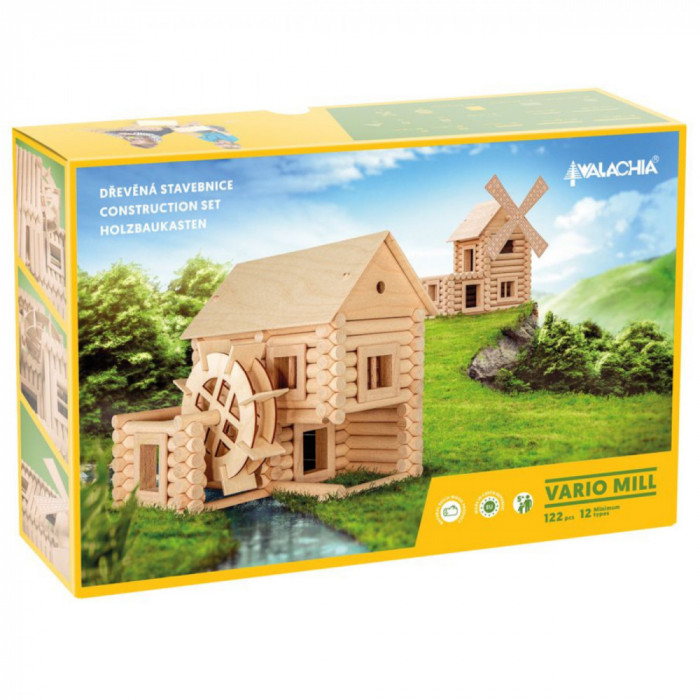 Set constructie arhitectura Vario Mill, 122 piese mari din lemn, Walachia EduKinder World