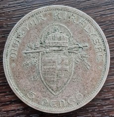 (A700) MONEDA DIN ARGINT UNGARIA - 5 PENGO 1938, 900 ANI MOARTEA SF. STEFAN foto