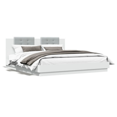 vidaXL Cadru de pat cu tăblie și lumini LED, alb, 180x200 cm foto