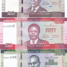 Bancnota Liberia 20, 50 si 100 Dolari 2016 - P33a-35a UNC ( set x3 )