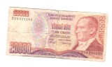Bancnota Turcia 20000 lire 1988, circulata, uzata