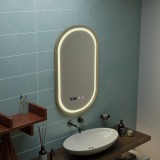 Oglinda LED baie Siegfried 45x90 cm, touch, dezaburire, ceas, auriu brushed