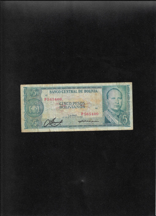 Rar! Bolivia 5 pesos bolivianos 1962 seria565400 mici fisuri