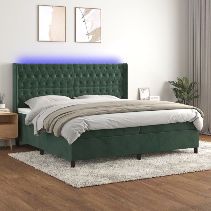 vidaXL Pat cu arcuri, saltea și LED, verde &icirc;nchis, 200x200 cm, catifea 3139766