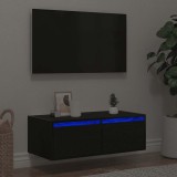 Dulap TV Gossi cu LED, Stejar Negru, 75x35.5x25 cm, Comoda TV Living, Design Modern, Spatiu Depozitare