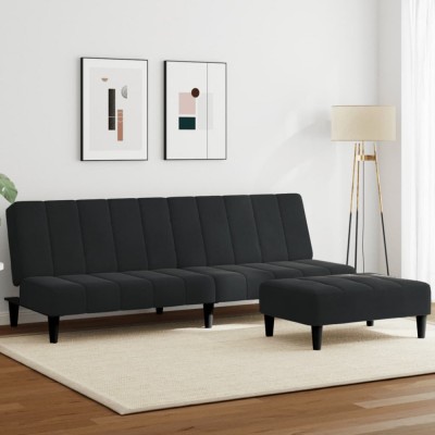 vidaXL Canapea extensibilă cu taburet, 2 locuri, negru, catifea 3258095 foto