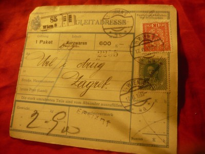 Chitanta de colet postal expediat Viena- Zagreb ,francat cu 1k si 20 haller 1918 foto