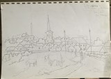 Desen &icirc;n creion 1999, satul HAIEU cu băile 1 Mai, jud Bihor, lucrare de Gh. Ionescu, artist roman, artă romaneasca