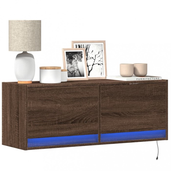 Gossi comoda tv de perete cu lumini led, stejar maro, 100x31x38 cm