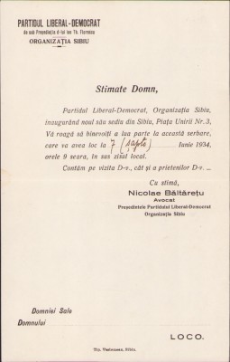 HST A1098 Invitație 1934 inaugurare nou sediu PNL Sibiu foto
