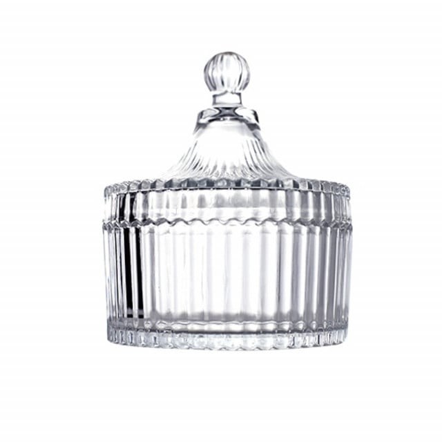 Bomboniera tip zaharnita Pufo Style din sticla cu capac, 14 cm, transparent